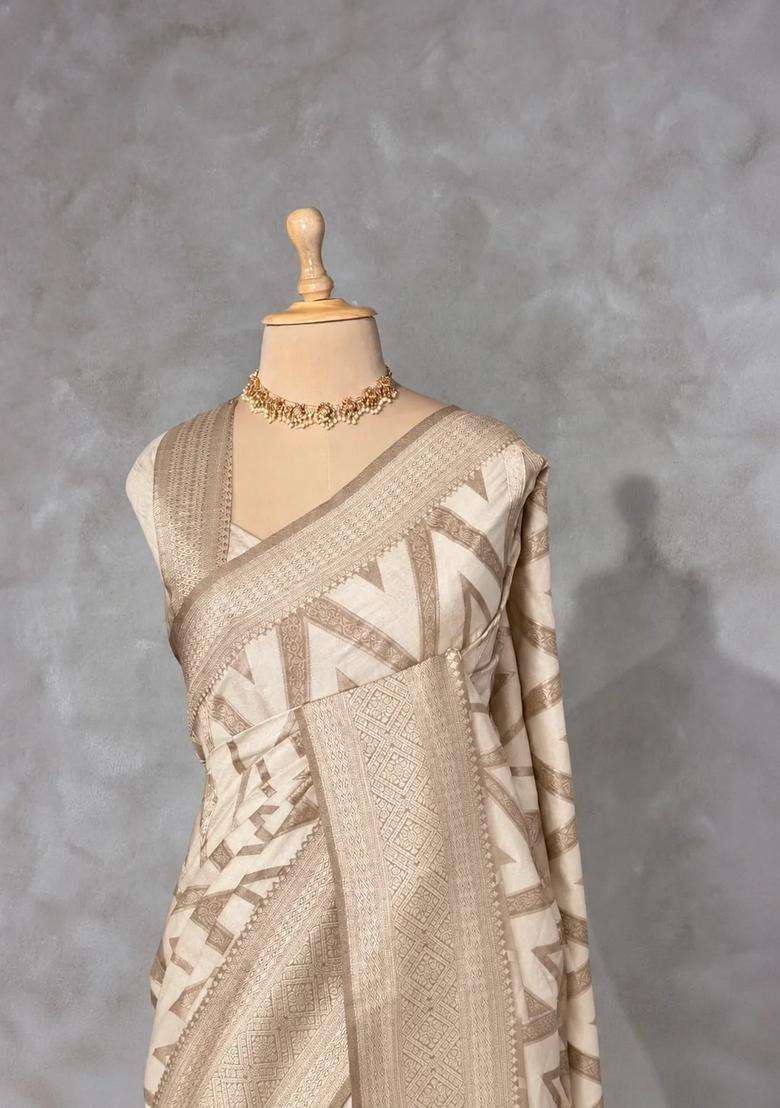 Off White Banarasi Georgette Saree With Traditional Woven Design For Women - Indya