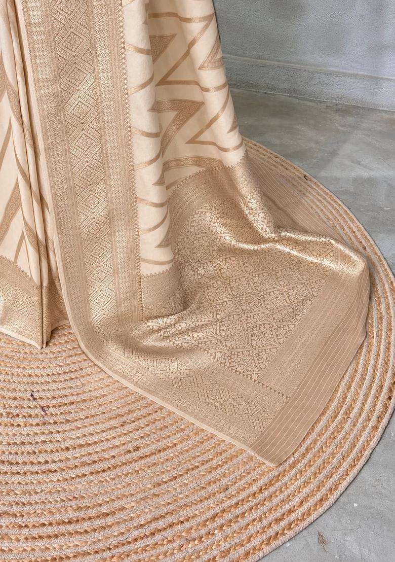Off White Banarasi Georgette Saree With Traditional Woven Design For Women - Indya