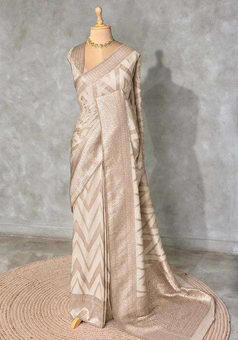 Off White Banarasi Georgette Saree With Traditional Woven Design For Women