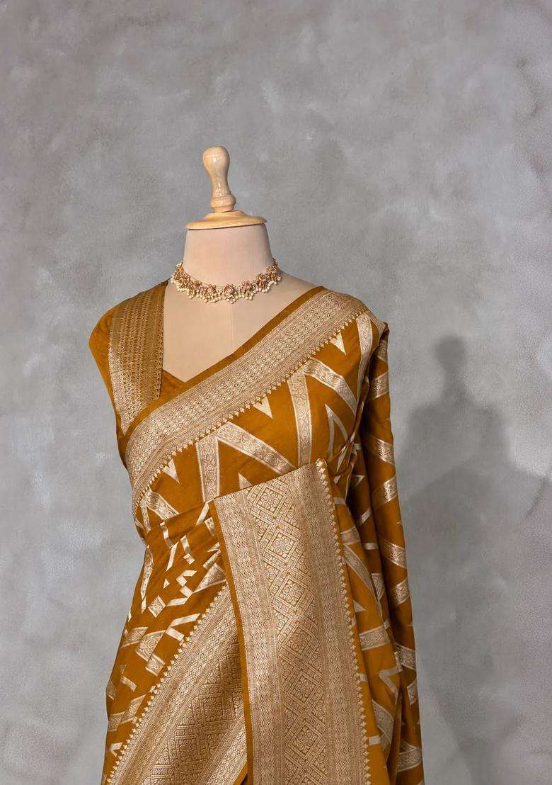 Mustard Yellow Banarasi Georgette Saree With Traditional Woven Design For Women - Indya
