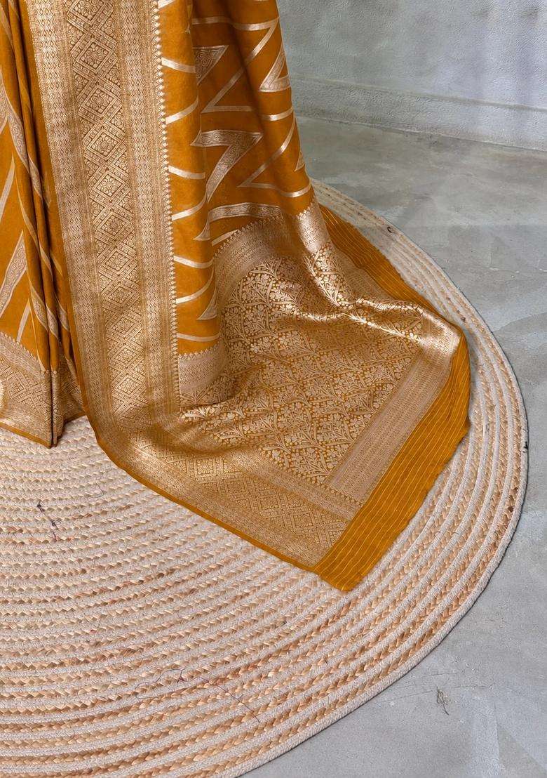 Mustard Yellow Banarasi Georgette Saree With Traditional Woven Design For Women - Indya