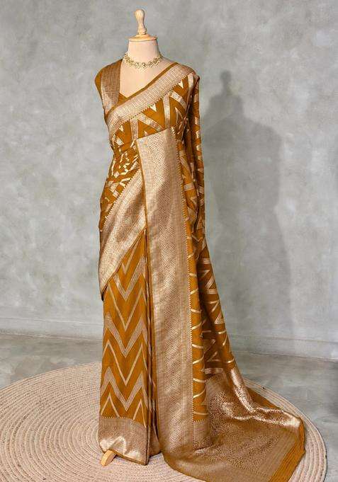 Mustard Yellow Banarasi Georgette Saree With Traditional Woven Design For Women