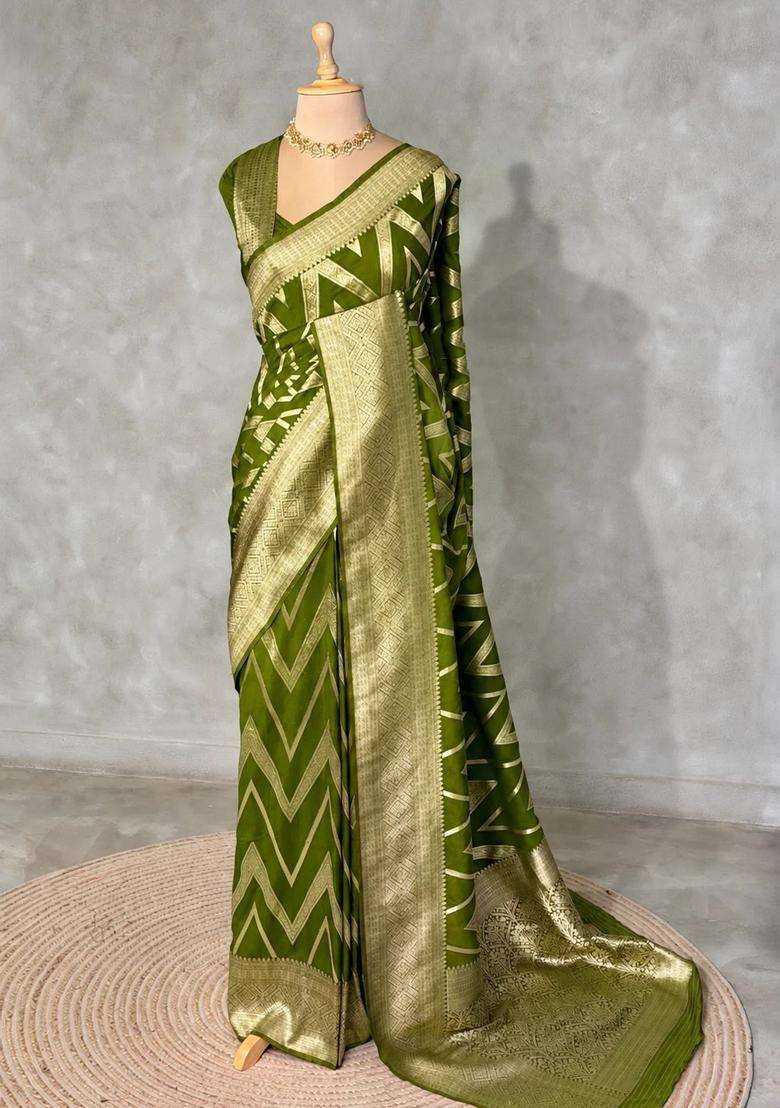 Olive Green Banarasi Georgette Saree With Traditional Woven Design For Women - Indya