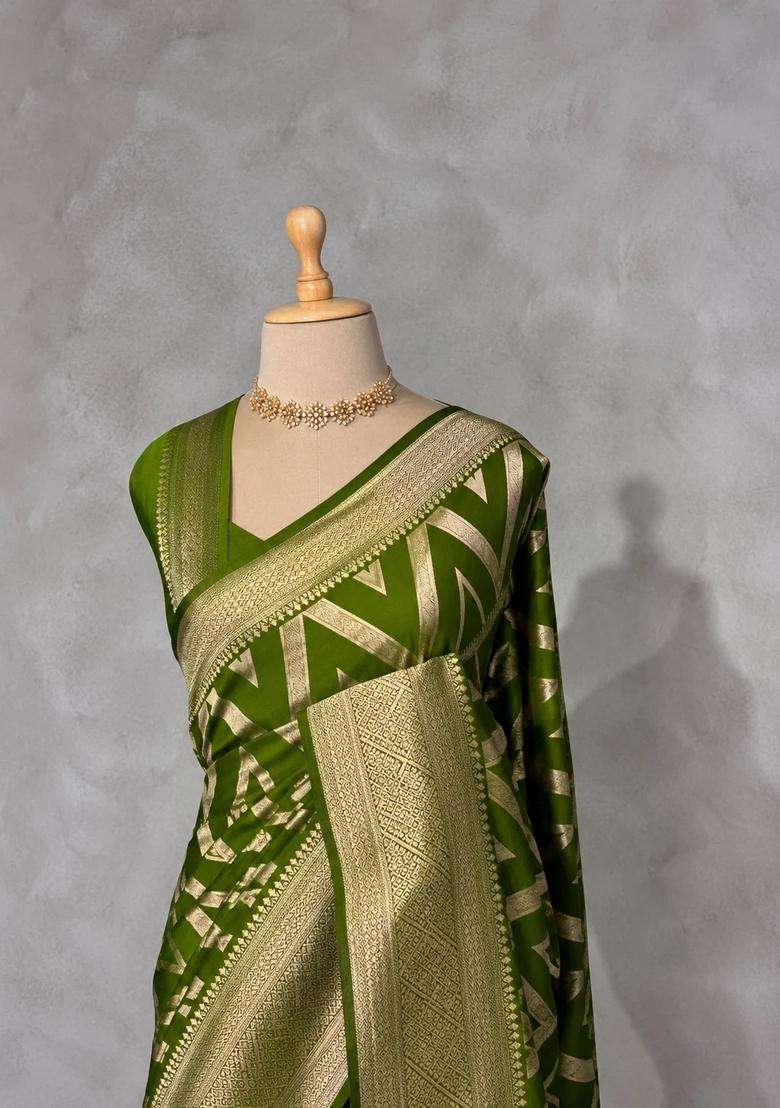Olive Green Banarasi Georgette Saree With Traditional Woven Design For Women - Indya