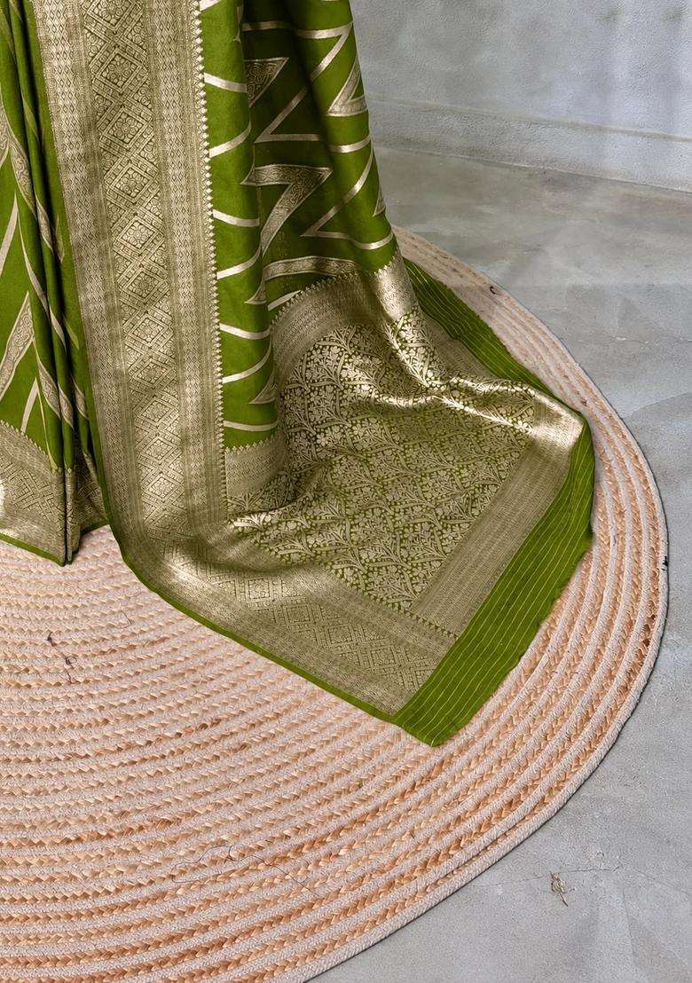 Olive Green Banarasi Georgette Saree With Traditional Woven Design For Women - Indya