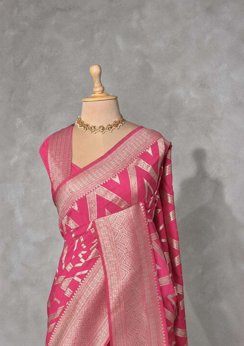 Pink Banarasi Georgette Saree With Traditional Woven Design For Women - Indya