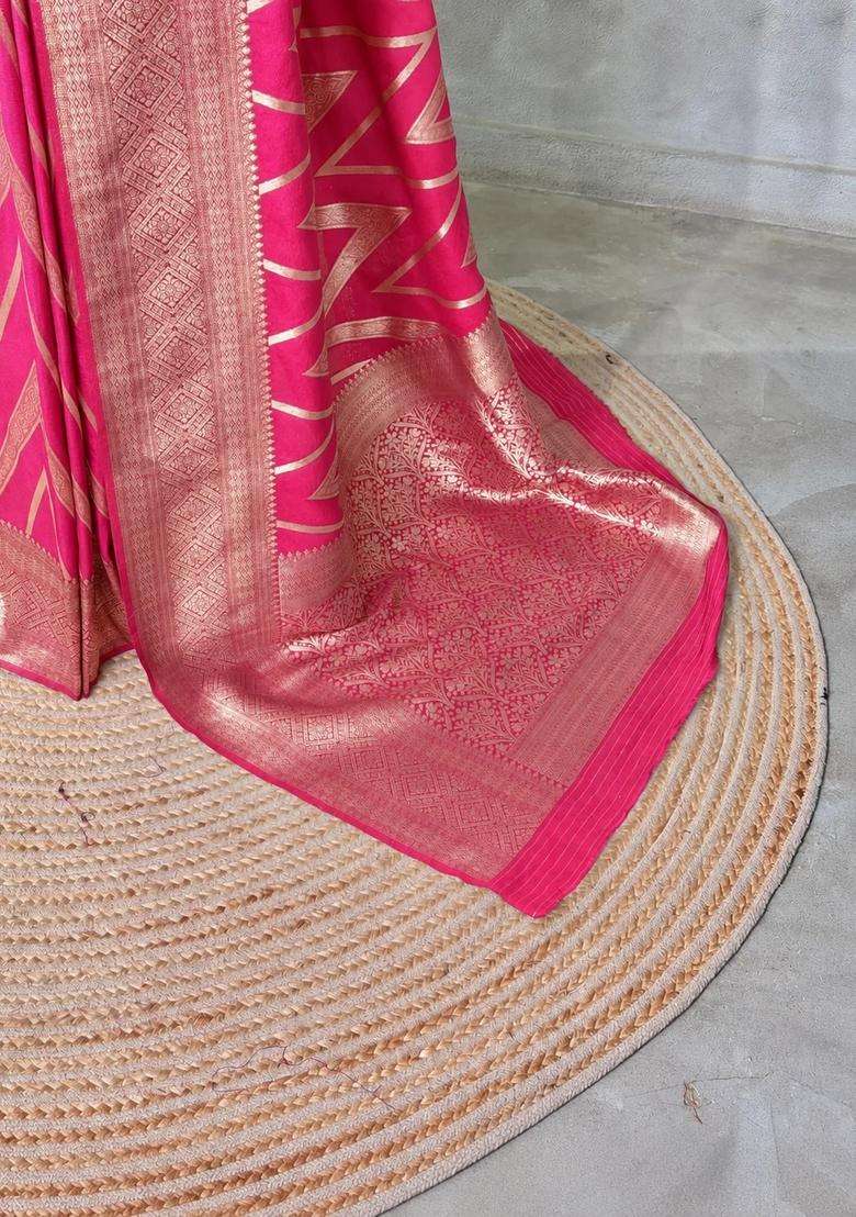 Pink Banarasi Georgette Saree With Traditional Woven Design For Women - Indya
