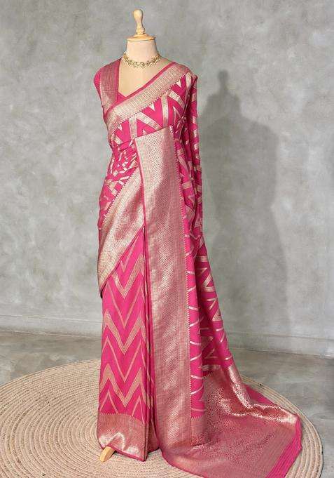 Pink Banarasi Georgette Saree With Traditional Woven Design For Women