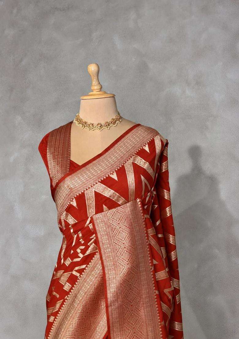 Rust Orange Banarasi Georgette Saree With Traditional Woven Design For Women - Indya
