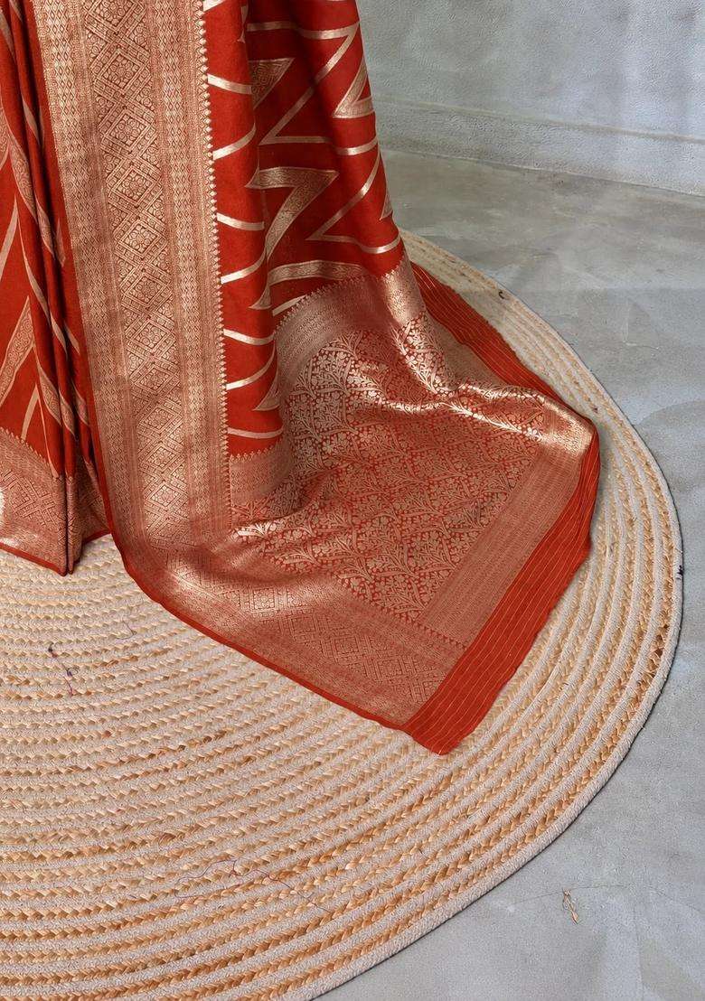 Rust Orange Banarasi Georgette Saree With Traditional Woven Design For Women - Indya