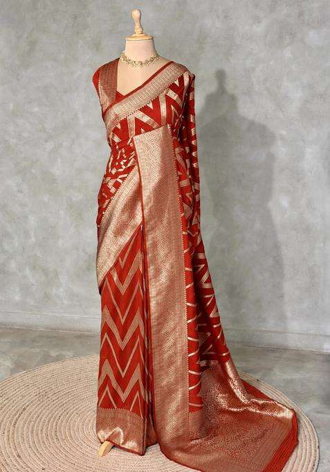 Rust Orange Banarasi Georgette Saree With Traditional Woven Design For Women