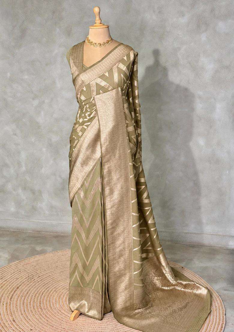 Pastel Green Banarasi Georgette Saree With Traditional Woven Design For Women - Indya