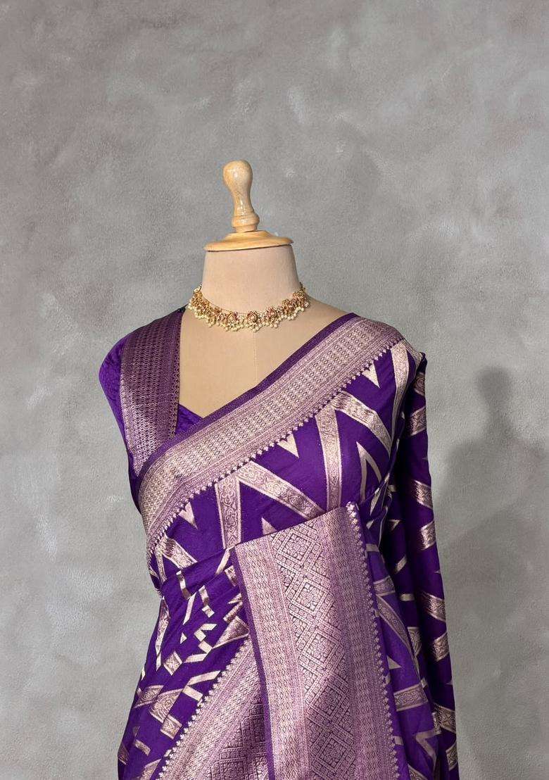 Violet Banarasi Georgette Saree With Traditional Woven Design For Women - Indya
