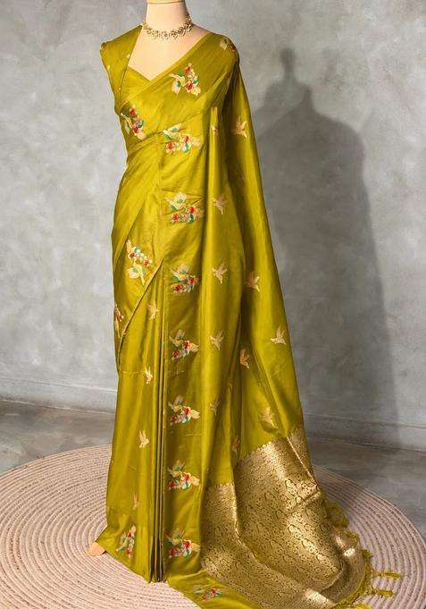 Olive Green Banarasi Satin Silk Saree With Traditional Woven Design For Women
