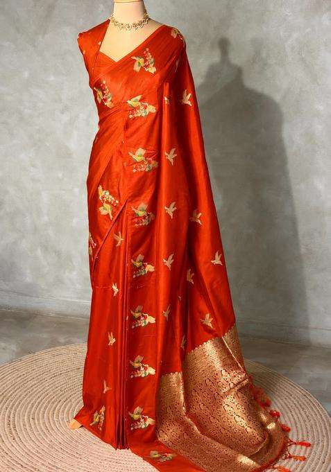 Orange Banarasi Satin Silk Saree With Traditional Woven Design For Women