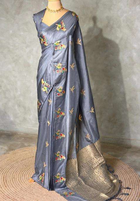 Grey Banarasi Satin Silk Saree With Traditional Woven Design For Women