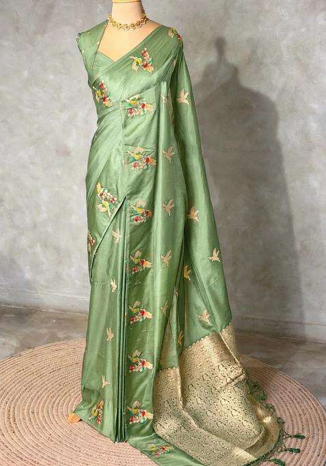 Pista Green Banarasi Satin Silk Saree With Traditional Woven Design For Women