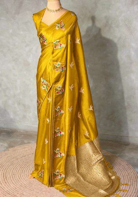 Lime Yellow Banarasi Satin Silk Saree With Traditional Woven Design For Women