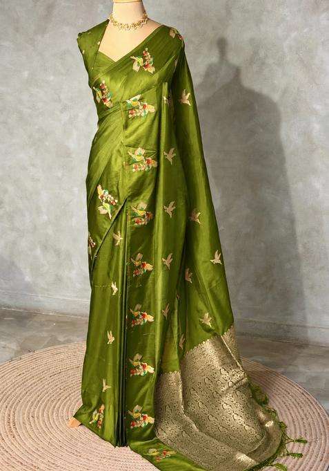 Parrot Green Banarasi Satin Silk Saree With Traditional Woven Design For Women