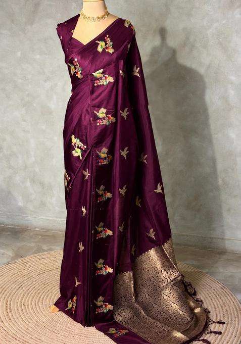 Deep Wine Banarasi Satin Silk Saree With Traditional Woven Design For Women