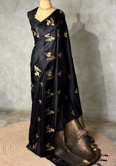 Black Banarasi Satin Silk Saree With Traditional Woven Design For Women