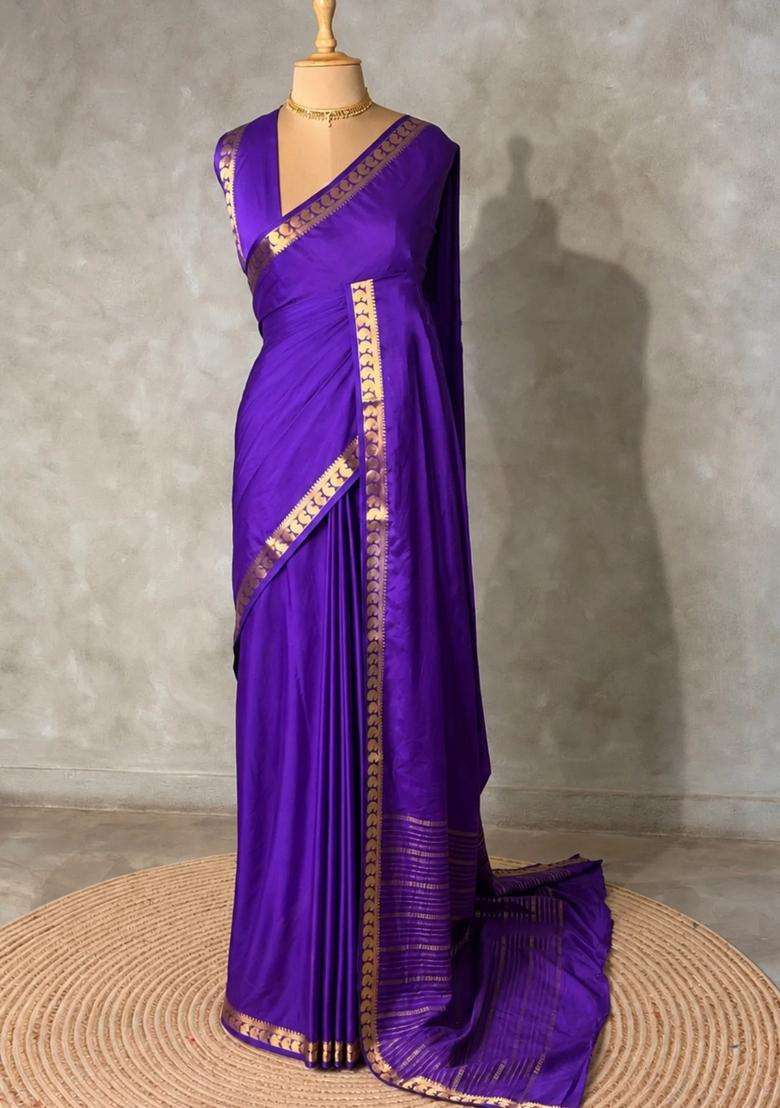 Violet Semi Mysore Crepe Silk Saree With Traditional Woven Design For Women - Indya
