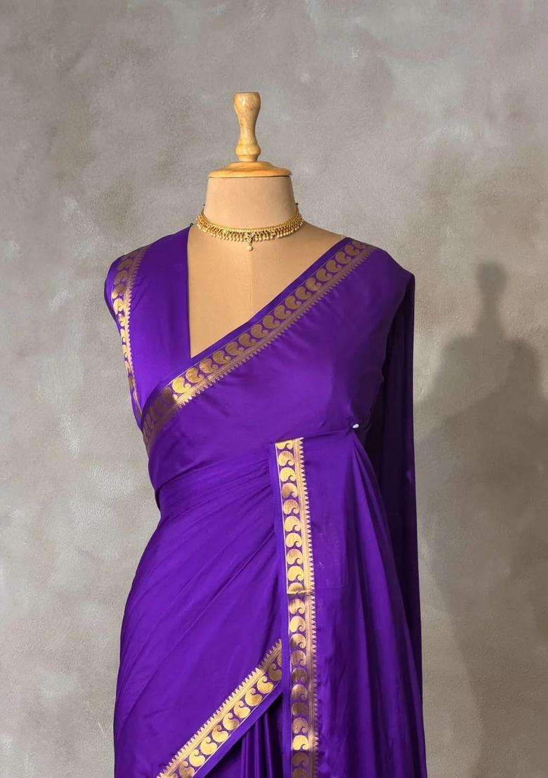 Violet Semi Mysore Crepe Silk Saree With Traditional Woven Design For Women - Indya