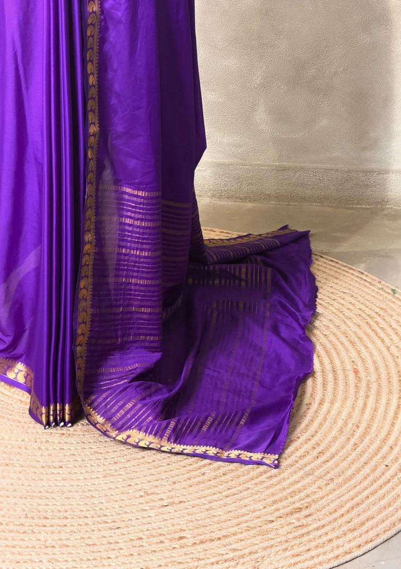 Violet Semi Mysore Crepe Silk Saree With Traditional Woven Design For Women - Indya