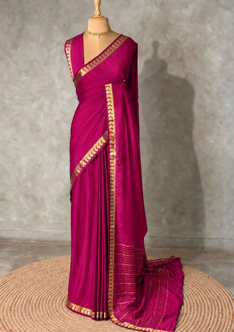 Pink Semi Mysore Crepe Silk Saree With Traditional Woven Design For Women - Indya