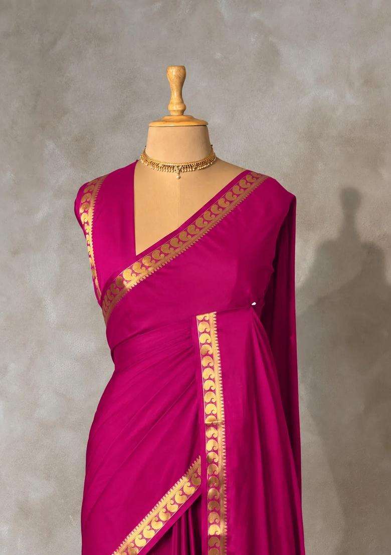 Pink Semi Mysore Crepe Silk Saree With Traditional Woven Design For Women - Indya