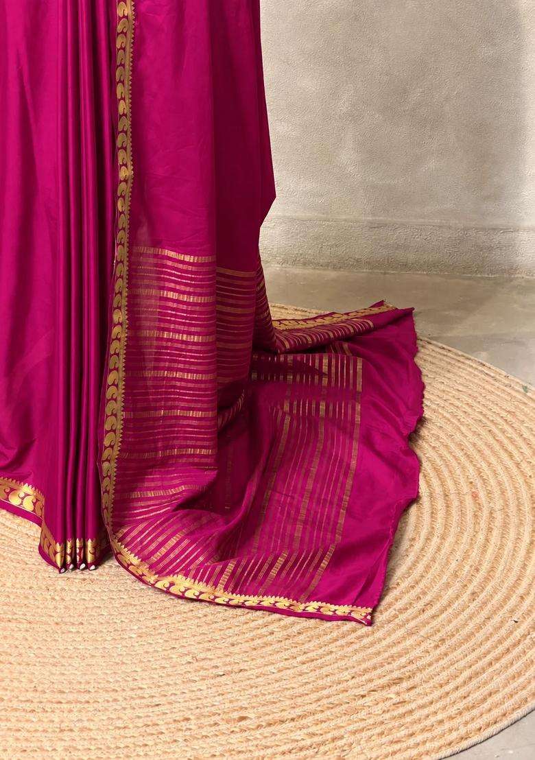 Pink Semi Mysore Crepe Silk Saree With Traditional Woven Design For Women - Indya