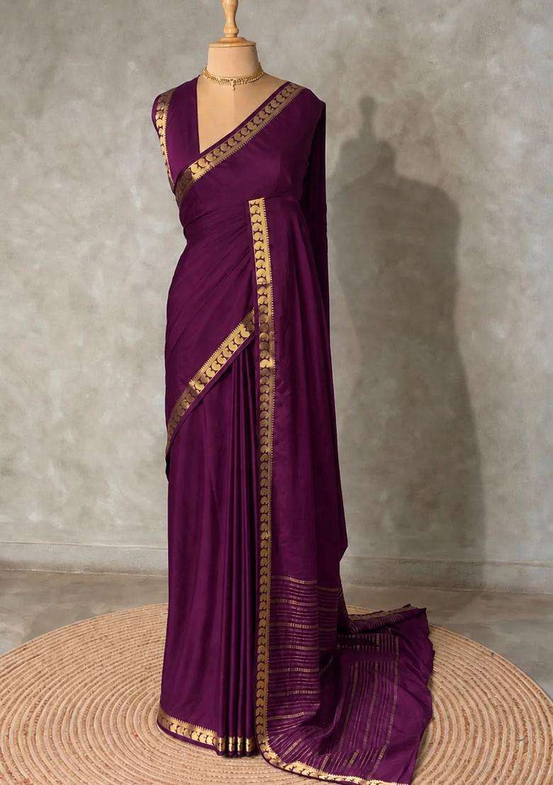 Wine Semi Mysore Crepe Silk Saree With Traditional Woven Design For Women - Indya