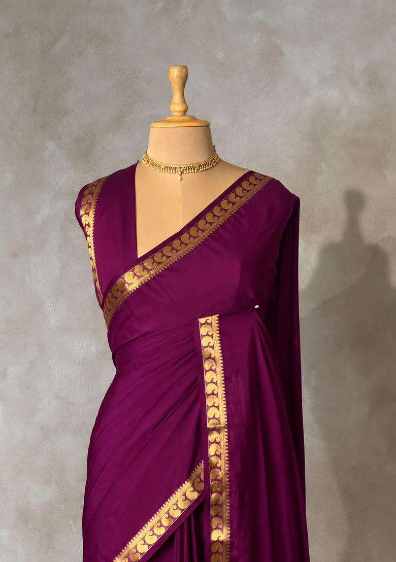 Wine Semi Mysore Crepe Silk Saree With Traditional Woven Design For Women - Indya