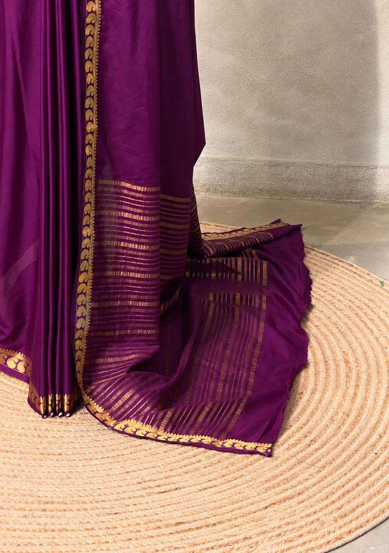 Wine Semi Mysore Crepe Silk Saree With Traditional Woven Design For Women - Indya