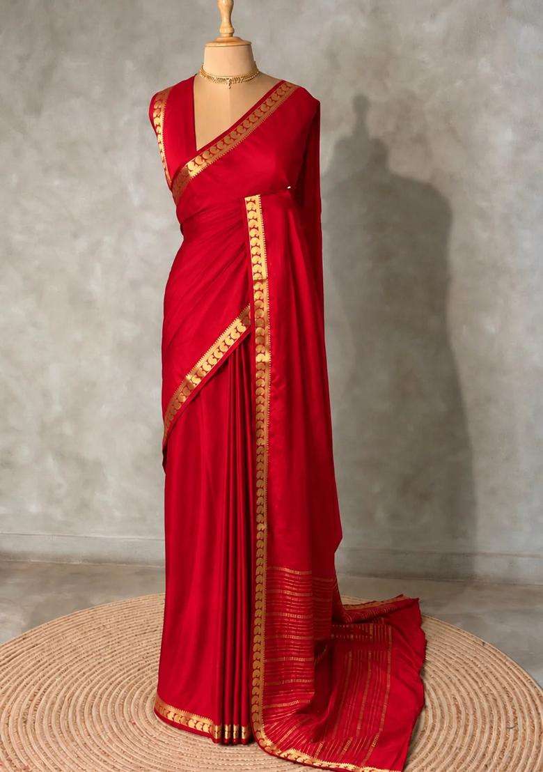 Wine Semi Mysore Crepe Silk Saree With Traditional Woven Design For Women - Indya