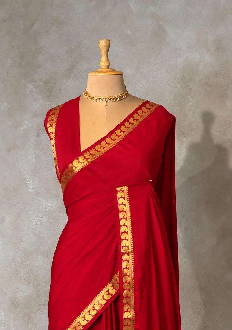 Wine Semi Mysore Crepe Silk Saree With Traditional Woven Design For Women - Indya
