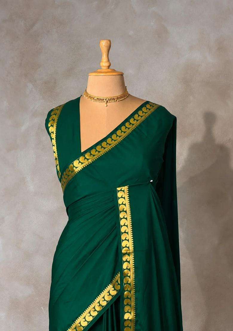 Green Semi Mysore Crepe Silk Saree With Traditional Woven Design For Women - Indya