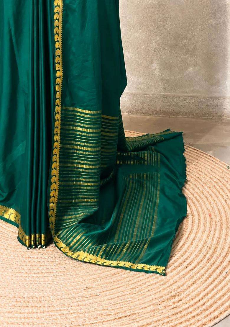 Green Semi Mysore Crepe Silk Saree With Traditional Woven Design For Women - Indya