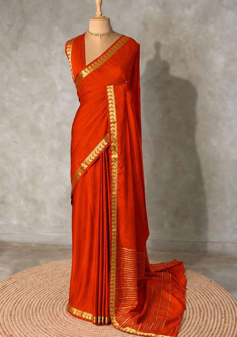 Orange Semi Mysore Crepe Silk Saree With Traditional Woven Design For Women - Indya