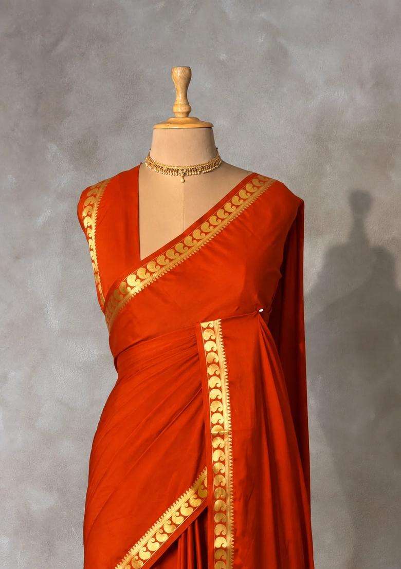 Orange Semi Mysore Crepe Silk Saree With Traditional Woven Design For Women - Indya