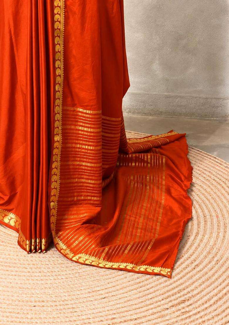 Orange Semi Mysore Crepe Silk Saree With Traditional Woven Design For Women - Indya