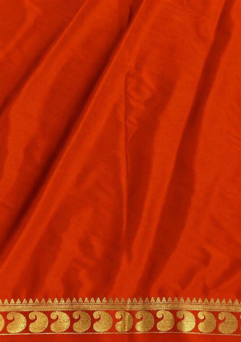 Orange Semi Mysore Crepe Silk Saree With Traditional Woven Design For Women - Indya