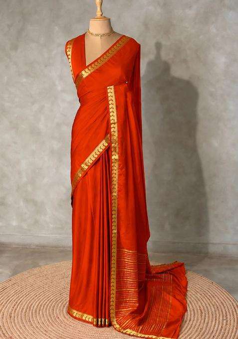 Orange Semi Mysore Crepe Silk Saree With Traditional Woven Design For Women