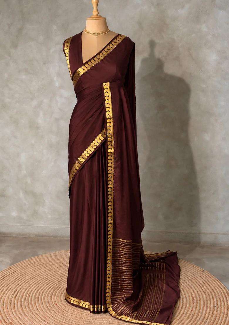 Brown Semi Mysore Crepe Silk Saree With Traditional Woven Design For Women - Indya