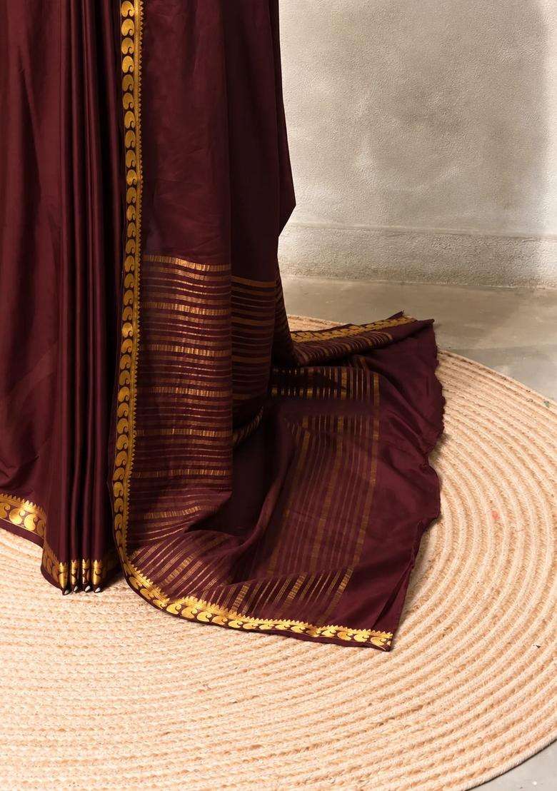 Brown Semi Mysore Crepe Silk Saree With Traditional Woven Design For Women - Indya