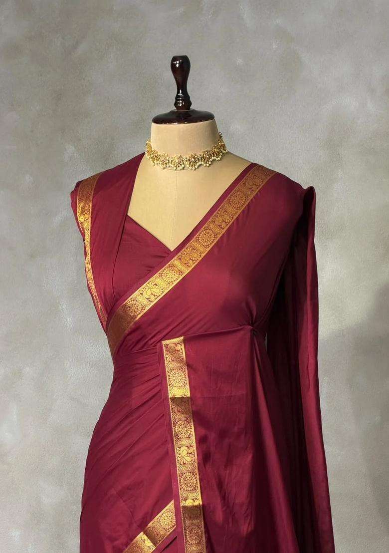 Wine Semi Mysore Crepe Silk Saree With Traditional Woven Design For Women - Indya