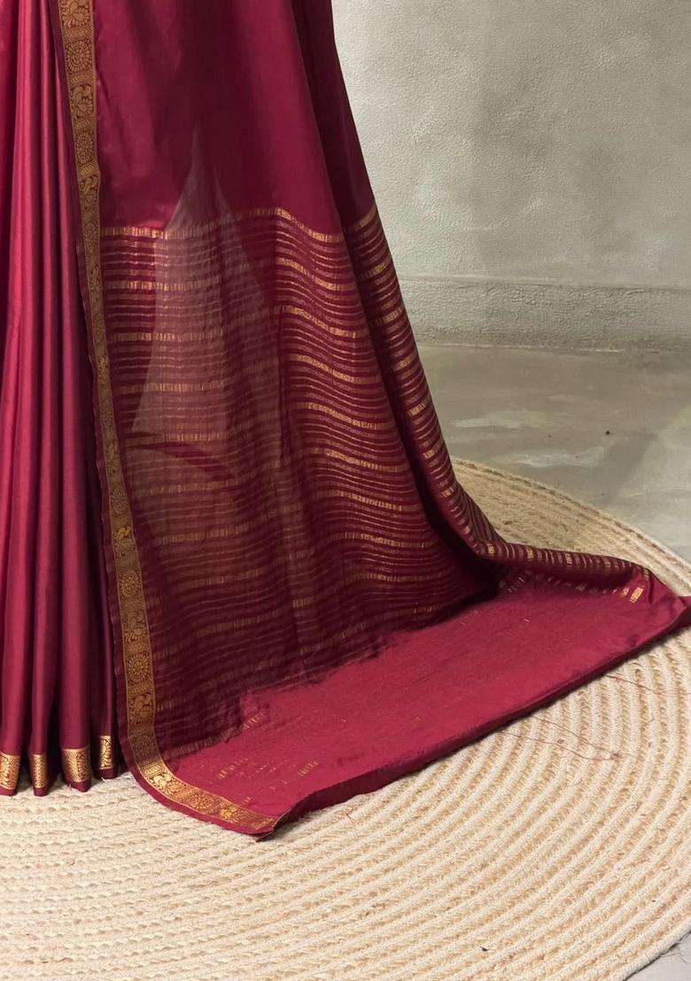 Wine Semi Mysore Crepe Silk Saree With Traditional Woven Design For Women - Indya