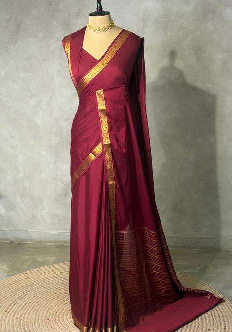 Wine Semi Mysore Crepe Silk Saree With Traditional Woven Design For Women