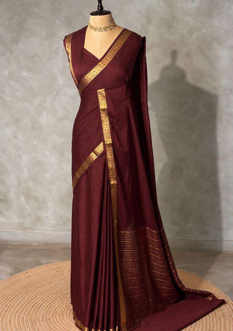 Brown Semi Mysore Crepe Silk Saree With Traditional Woven Design For Women - Indya