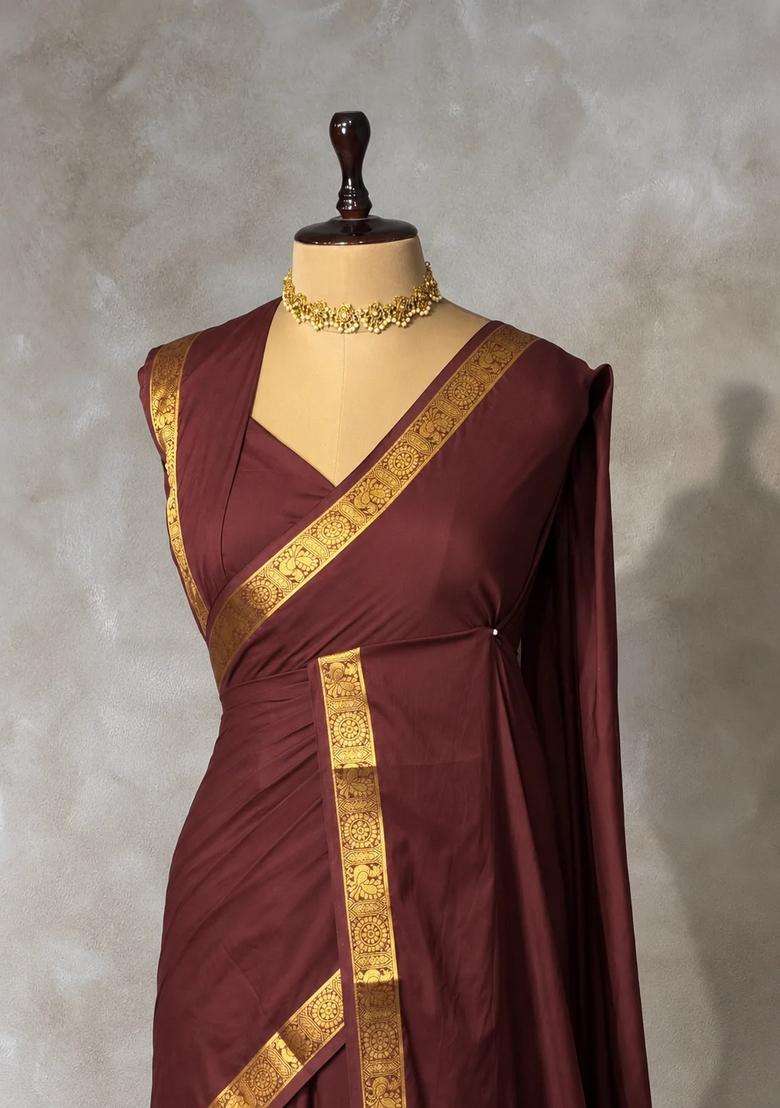 Brown Semi Mysore Crepe Silk Saree With Traditional Woven Design For Women - Indya